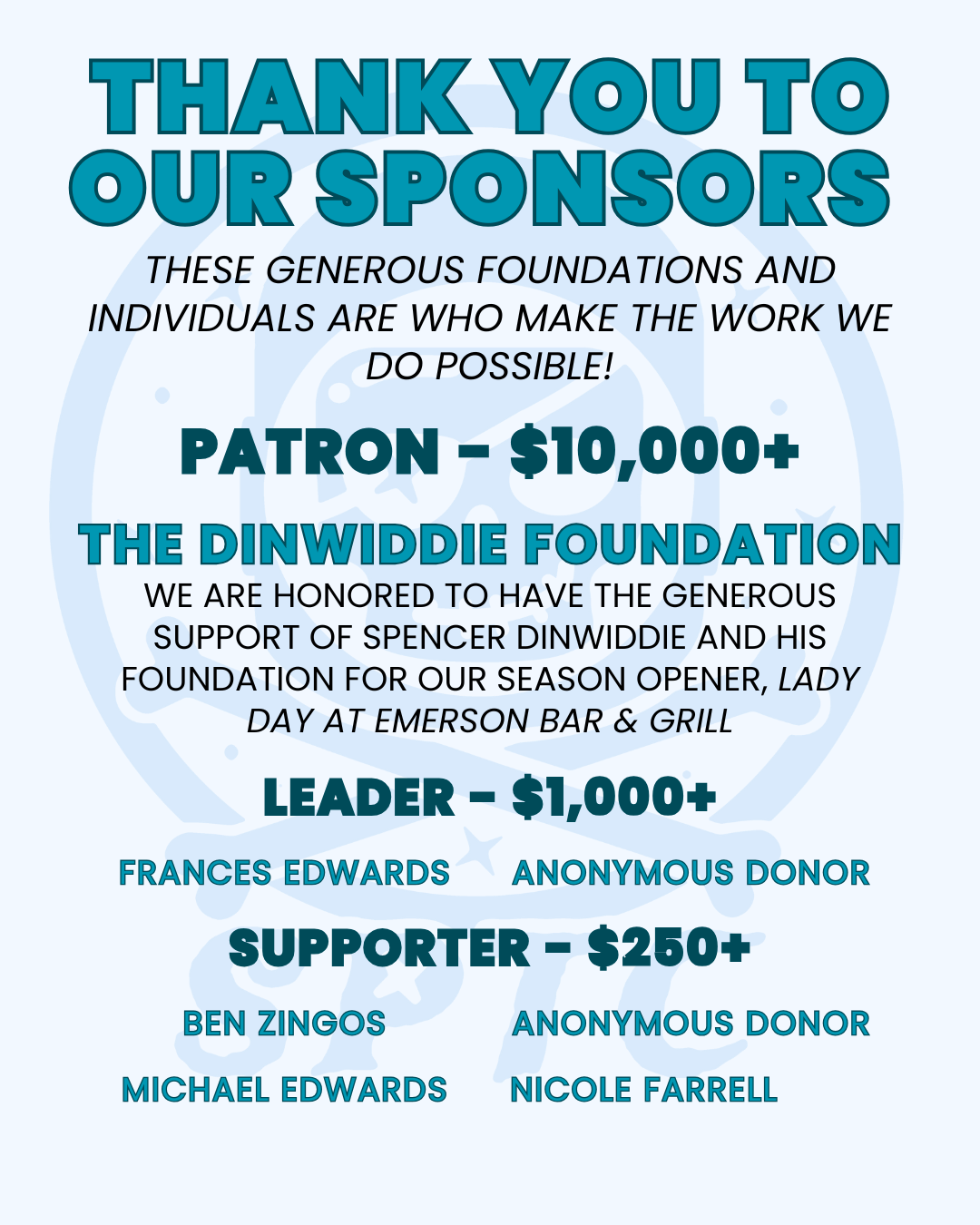 THANK YOU TO OUR SPONSORS THESE GENEROUS FOUNDATIONS AND INDIVIDUALS ARE WHO MAKE THE WORK WE DO POSSIBLE! PATRON - $10,000+ THE DINWIDDIE FOUNDATION WE ARE HONORED TO HAVE THE GENEROUS SUPPORT OF SPENCER DINWIDDIE AND HIS FOUNDATION FOR OUR SEASON OPENER, LADY DAY AT EMERSON BAR & GRILL LEADER - $1,000+ FRANCES EDWARDS ANONYMOUS DONOR SUPPORTER - $250+ BEN ZINGOS ANONYMOUS DONOR MICHAEL EDWARDS NICOLE FARRELL