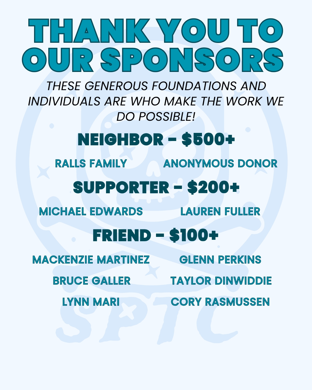 THANK YOU TO OUR SPONSORS These generous foundations and individuals are who make the work we do possible! NEIGHBOR – $500+ RALLS FAMILY ANONYMOUS DONOR SUPPORTER – $200+ MICHAEL EDWARDS LAUREN FULLER FRIEND – $100+ MACKENZIE MARTINEZ GLENN PERKINS BRUCE GALLER TAYLOR DINWIDDIE LYNN MARI CORY RASMUSSEN