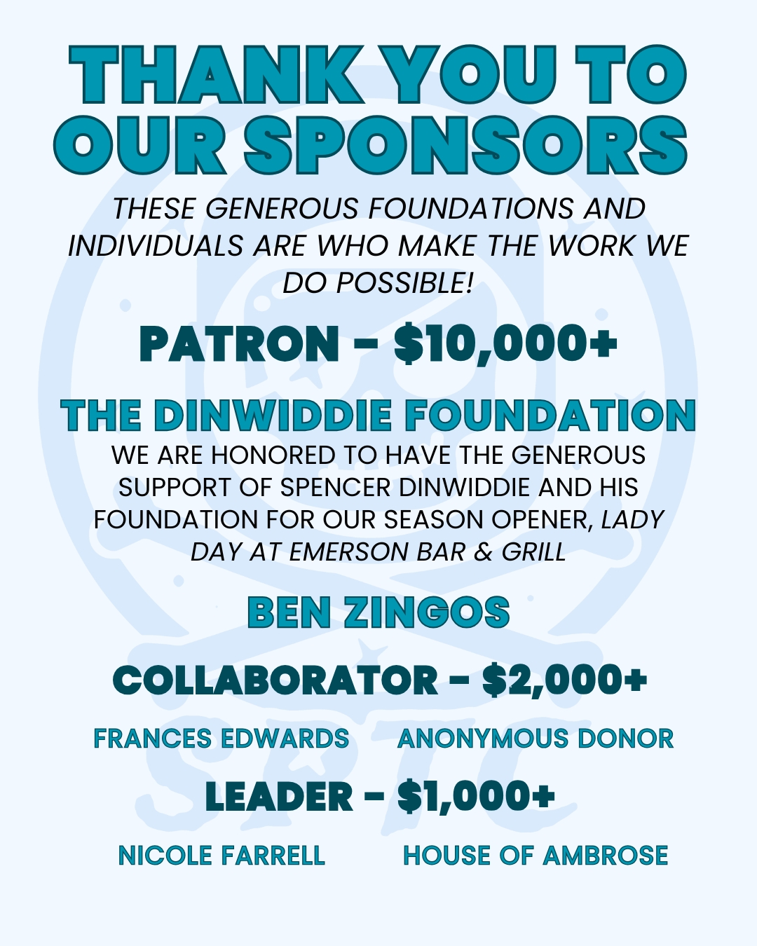 THANK YOU TO OUR SPONSORS These generous foundations and individuals are who make the work we do possible! PATRON – $10,000+ THE DINWIDDIE FOUNDATION We are honored to have the generous support of Spencer Dinwiddie and his foundation for our season opener, Lady Day at Emerson Bar & Grill BEN ZINGOS COLLABORATOR – $2,000+ FRANCES EDWARDS ANONYMOUS DONOR LEADER – $1,000+ NICOLE FARRELL HOUSE OF AMBROSE